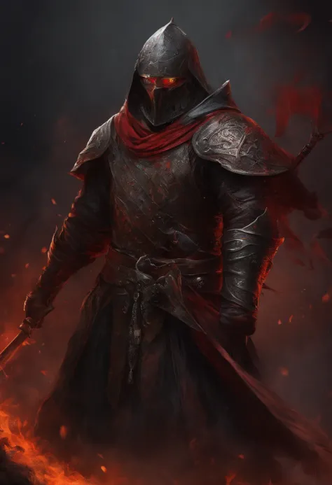 (ultra-detailed CG unit 8k wallpaper, Master parts, Best quality, depth of fields, hdr, 复杂), Tall, The sinister Dark Assassin wears a metal mask，Bright red eyes，Light and dark armor，Behind him he wears a low-key red cloak，Holding a sharp dagger in his arms...