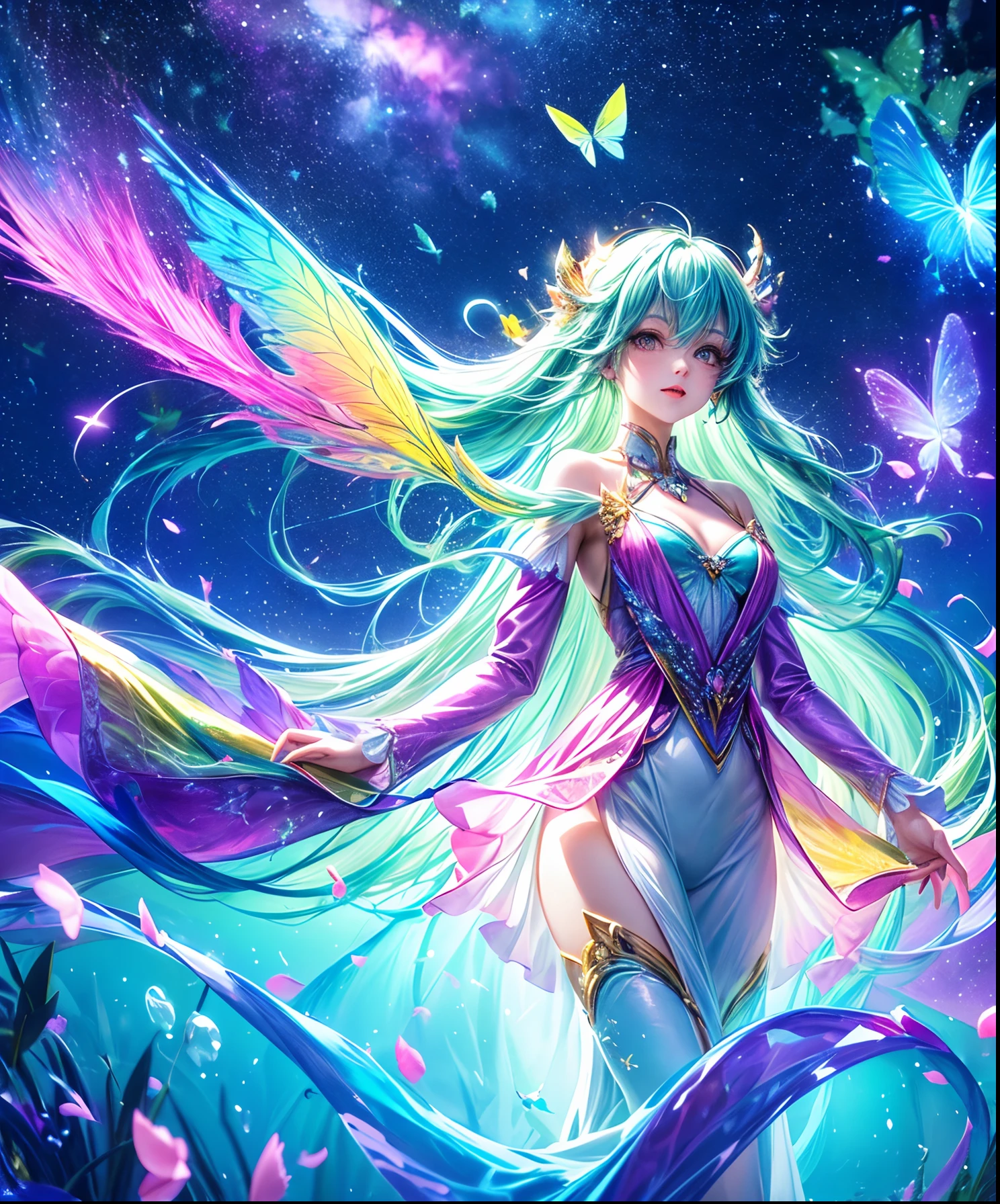 Cute girl characters、Iridescent grass々Drawing a butterfly flying over the water, Looking up at the starry sky. Surround her with colorful nebulae and colorful forests.