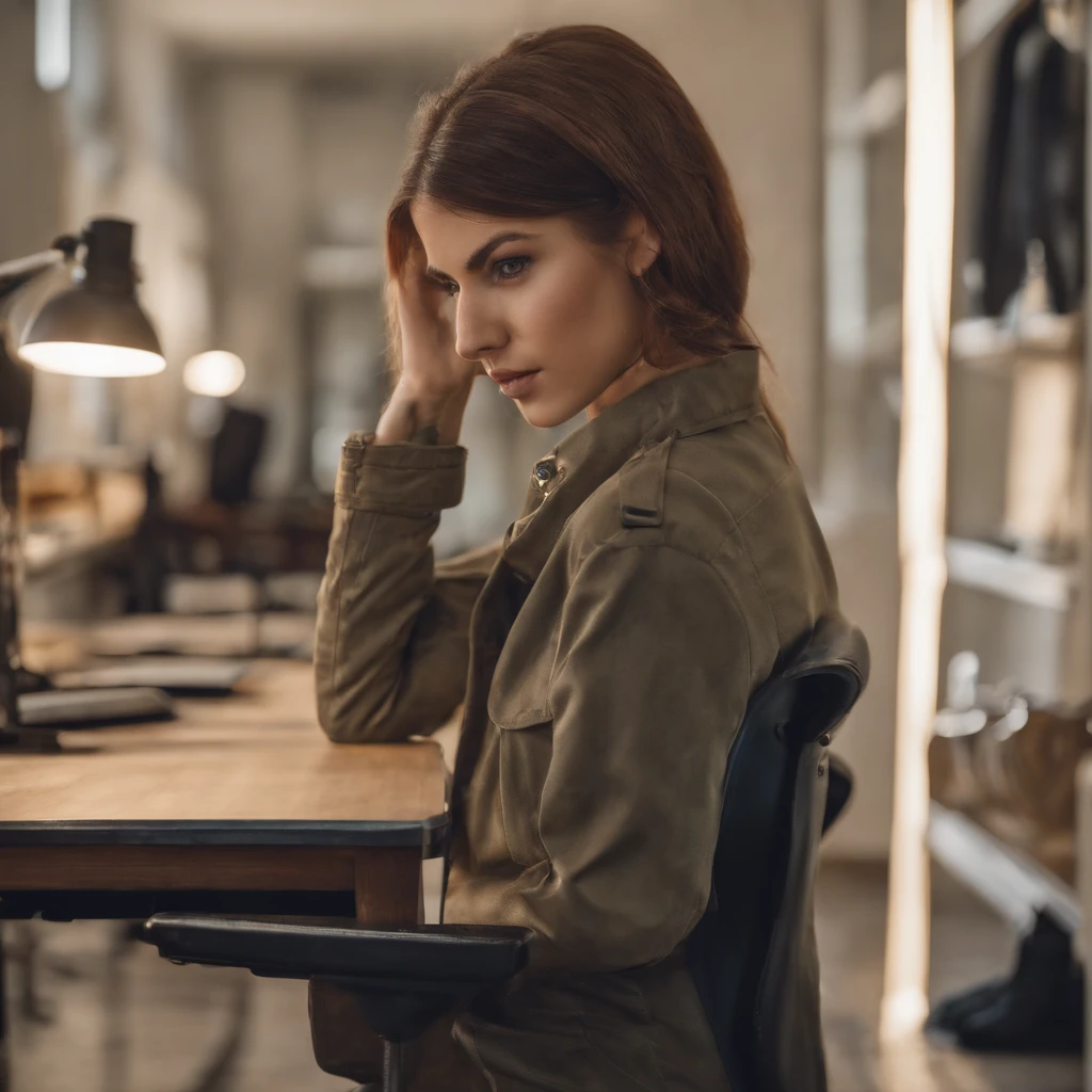 A woman sitting at a desk with a laptop computer and a lamp - SeaArt AI