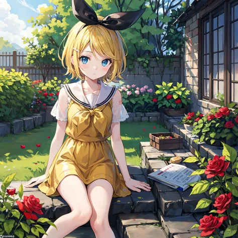 kagamine rin , por rubio 、hair is pulled back、ojos rojos、hermosa chica sola、quimono、una minifalda、garden of bright red roses、sen...