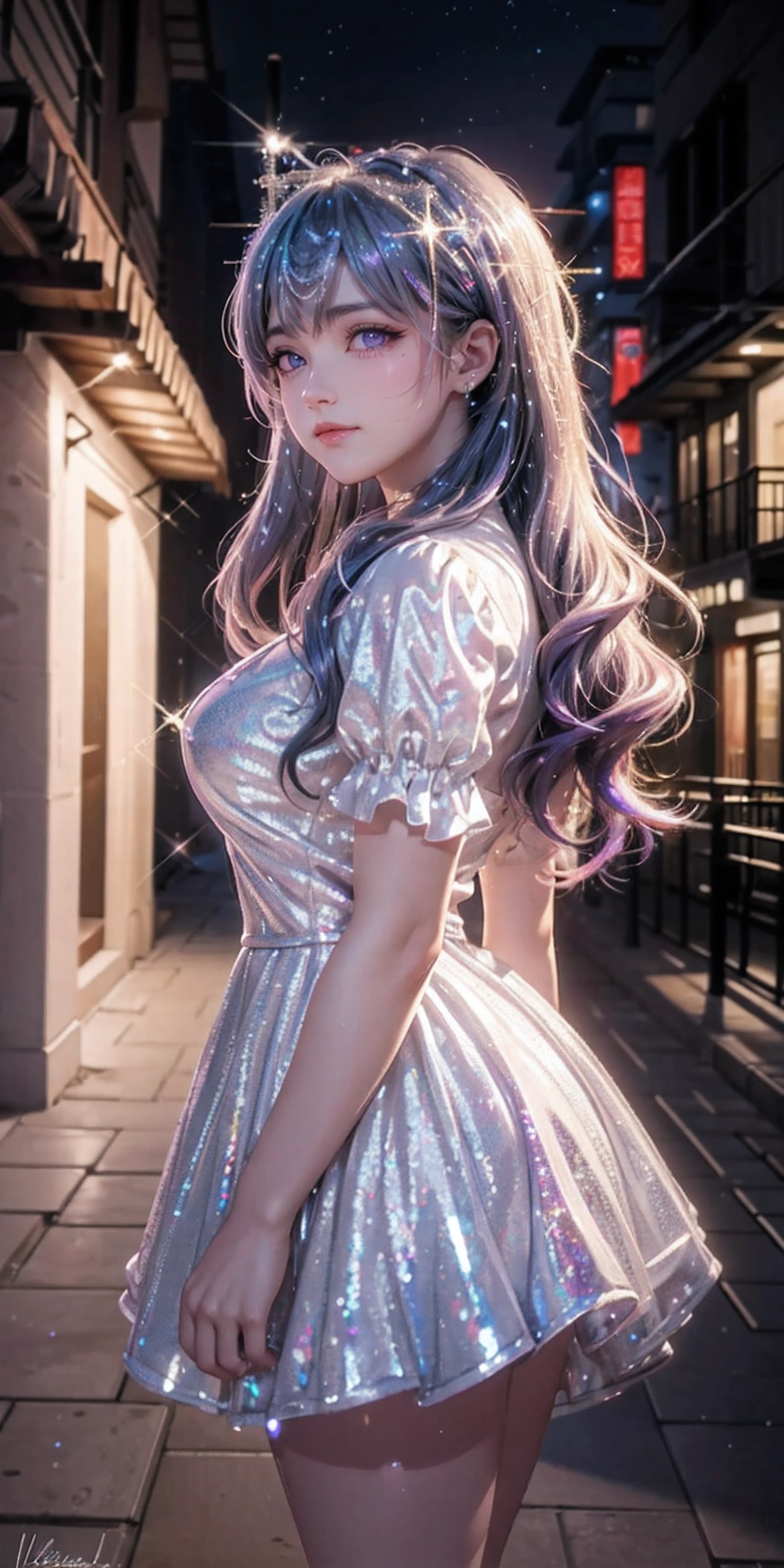 Best quality, masterpiece, ultra high res, (photorealistic:1.4), raw photo, aesthetics and atmosphere, dark shot, film grain, soft focus, bokeh, night shot, masterpiece realistic volumetric light,,1girl, purple eyes, white hair, curly hair, smirk, (freckles:0.8), thigh, medium breasts, upper body, (sparkly:1.3) sequins long cns dress, ray tracing reflection, desert street, path, city lights, incredible sky, relying on the wall, from side,