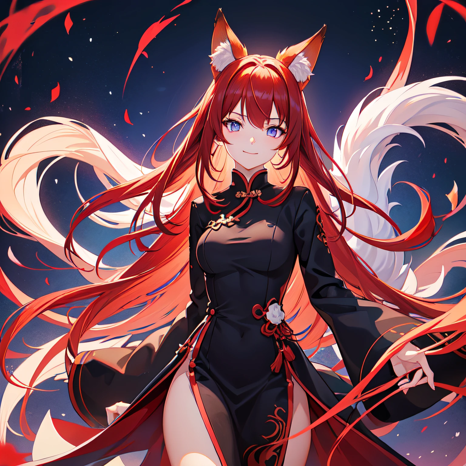 solo woman, kitsune woman (red skin), (blue eyes), fox ears (red ears), long hair, inner hair, (red hair), fox tail, (red tail), shy face, light smile, (purple and black clothes), QIPAO dress whit flounce,