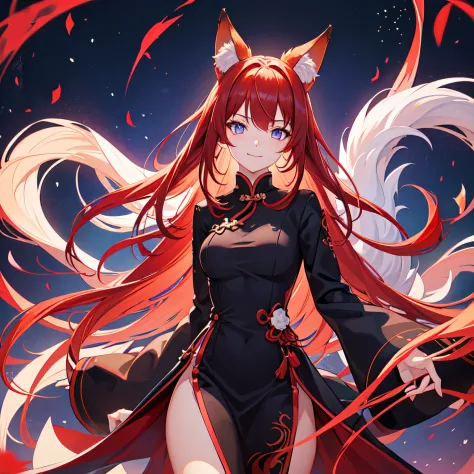 solo woman, kitsune woman (red skin), (blue eyes), fox ears (red ears), long hair, inner hair, (red hair), fox tail, (red tail),...