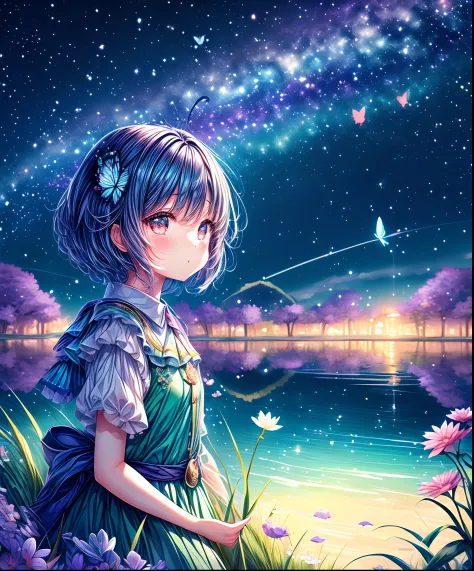 Cute girl characters、Iridescent grass々Drawing a butterfly flying over the water, Looking up at the starry sky. Surround her with...