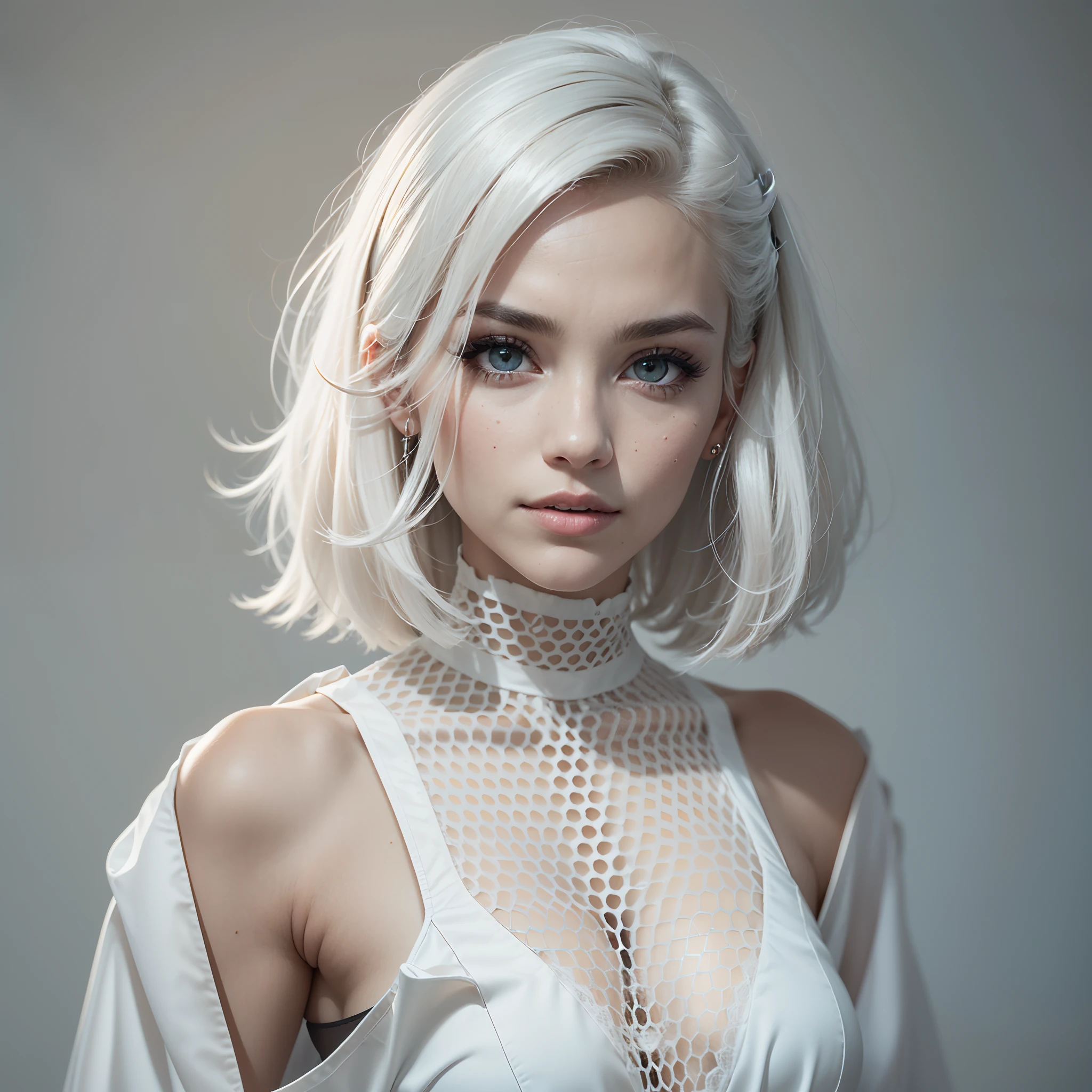 (wide shot), (futuristic hexagonal fashion style, deus ex aesthetic), (authentic expressive eyes: 1.2), An exquisite portrait of a Finnish woman (with pale white skin: 1.3) and dark makeup, the photograph captured in stunning 8k resolution and raw format to preserve the highest quality of details. The woman's beauty is undeniable. She wears futuristic angular clothing that complements her soft features, (her eyes are portrayed with meticulous attention to detail: 1.3), showcasing the captivating depth within her eyes. The photograph is taken with a lens that emphasizes the gentle smile in her eyes, and the backdrop is a dark studio setting that enhances the muted colours of the scene. The lighting and shadows are expertly crafted to bring out the richness of her skin tone and the subtle nuances of her features. Her white hair with black sides, with its distinct hue, adds a touch of contrast against her white skin. The interior setting adds a sense of intimacy. The overall composition captures her essence with authenticity and grace, creating a portrait that celebrates her heritage and beauty. Photography utilizing the best techniques for shadow and lighting, to create a mesmerizing portrayal that transcends the visual, slightly tilted head, (extreme eye details: 1.4)