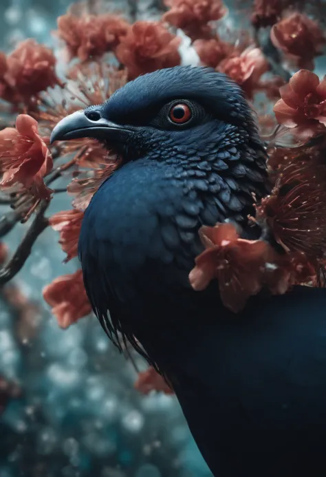 biomechanical of Victoria Crowned Pigeon, acrylic bubbles and flowers, ferrofluids, water distortions. looking up, intricate abstract. intricate artwork. beeple. blend of organic and mechanical elements, futuristic, cybernetic, detailed, intricate, dark th...