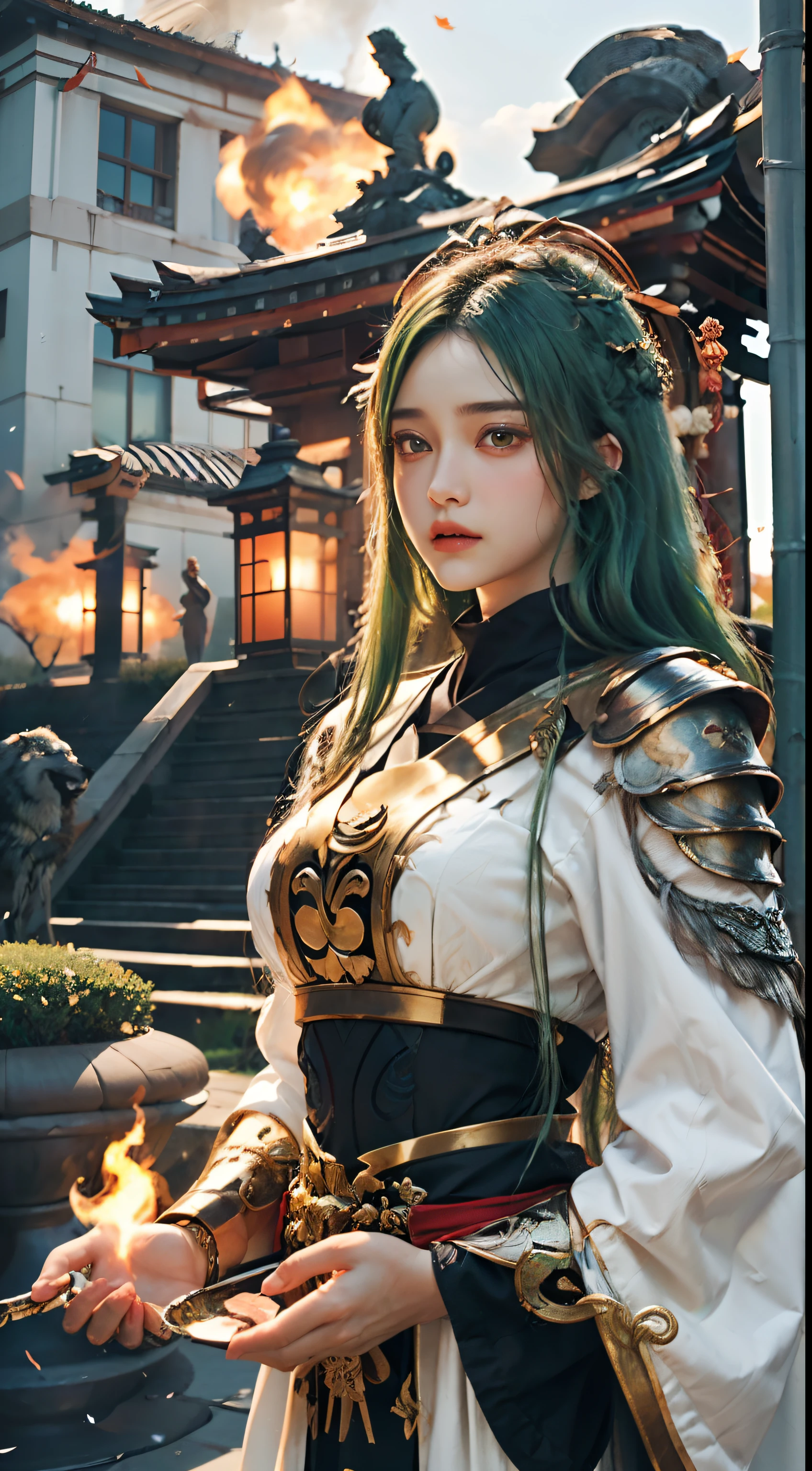 a beautiful detailed girl, Clear and beautiful, focus on the character, Radiant skin, FEMALES, 20yr old, ((Long green hair：2))，Beautiful green glass hair, ((Wave the scepter)) ((Japan shrine attire, Metal armor，2 clothing colors, White background, Orange pattern)) ，((autumnal，Green bamboo forest))， (((Next to the woman is a huge white wolf：2))) ，Beautiful details, Cold face, Cold expression, Big breasts beautiful meticulous eyes, mature skin, Very good 8KCG wallpaper,  offcial art， ultra - detailed， Beauty and aesthetics， big breasts beautiful， tmasterpiece， Best quality at best， （Zen entanglement，  Tangled）（Falling flowers：1.2）， Detailed face，Stoic expression，dynamicposes，green flowing hair，Classical era，（"Ancient Rome" theme：1.1），Roman mythology，Roman， capua， Old vineyard， oracle， cloaks， Iron fittings， ancient themes， （Prosperous Civilization：1.1）， Original white marble， （Intact：1.1） Marble building， hills in the background， braziers， Burning embers， the night， darkly， As estrelas， Halation， Majestic atmosphere， Floating stone particles， sportrait， The wind rotates