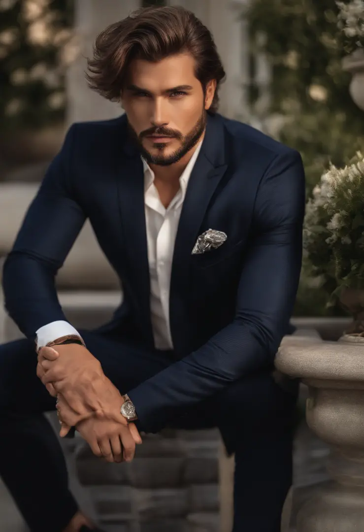 corps entier, Almost frontal realistic photo of handsome man's body, photo realist, Grand, en forme, 3 piece suit (30 ans:1.1), (barbe normal:1.2), (cheveux bruns courts :1.5),(cheveux courts, Clear hair:1.6). Bodycon suit in dark blue, veste ouverte, main...