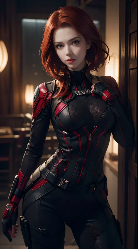 1girl, Full body shot, Natasha Romanoff style of the Black Widow (from marvel studios) costume, medium breasts, smile, standing ...