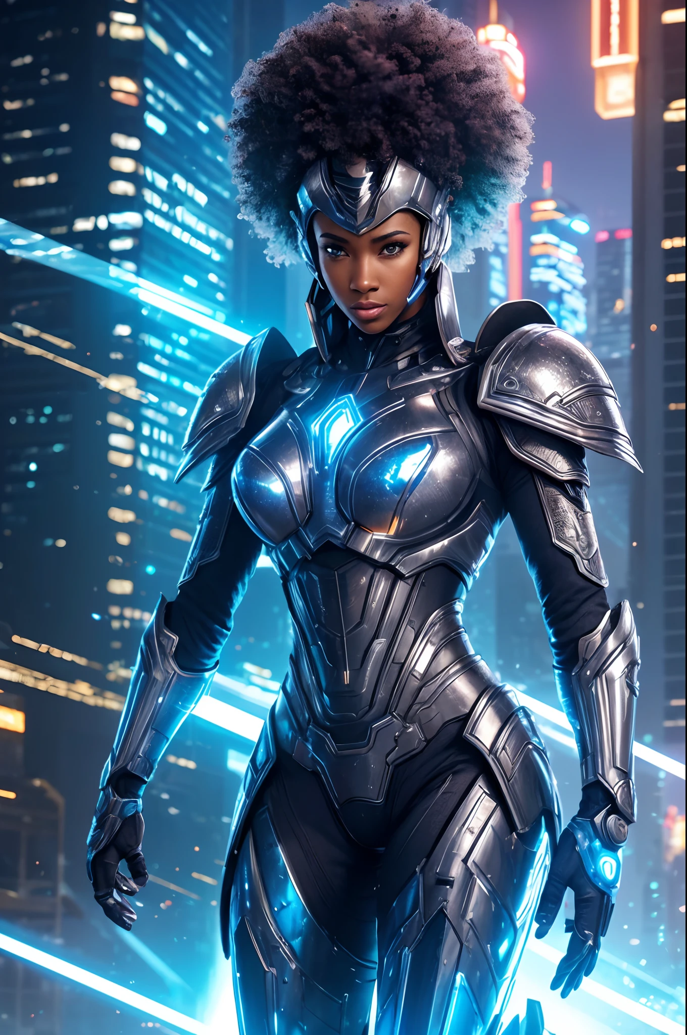 (最好的质量,4k,8千,高分辨率,杰作:1.2),极其详细,(实际的,photo实际的,photo-实际的:1.37),身披钢铁铠甲、留着非洲式发型的女人,穿着未来派盔甲,屹立不倒,自信的表达,明亮的眼睛,强健的肌肉体格,拿着高科技剑,充满活力的姿势,铠甲中散发出蓝色光芒,装甲板细节丰富，图案复杂,机械接头和液压系统,具有光泽的反射表面,鲜艳的色彩和对比鲜明的纹理,动态照明，具有戏剧性的阴影和高光,科幻概念艺术风格,霓虹蓝配色方案,以夜间城市景观为背景,超现实主义的建筑元素,空中盘旋的未来派飞行器,未来派全息显示屏和围绕着女人的符号,坚韧而金属的城市环境