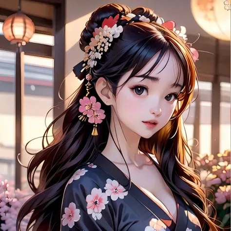 Hot Girl in Japanese traditional black kimono , big cleavage