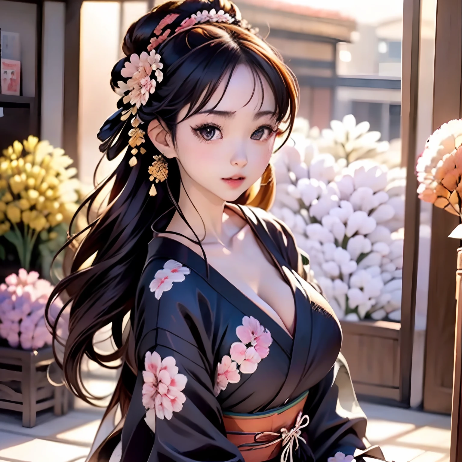 فتاة ساخنة ترتدي الكيمونو الأسود التقليدي الياباني , انقسام كبير