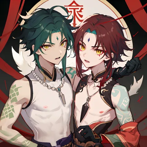 1boy,dark green hair,best quality,masterpiece,extremley,yellow eyes,male focus,beautiful eyes,Xiao (genshin impact), 1 boy, bones necklace, animal fangs necklace, arm tatoo, dark red hair, Chinese clothes, green eyes, male focus, red mark on forehead, no s...