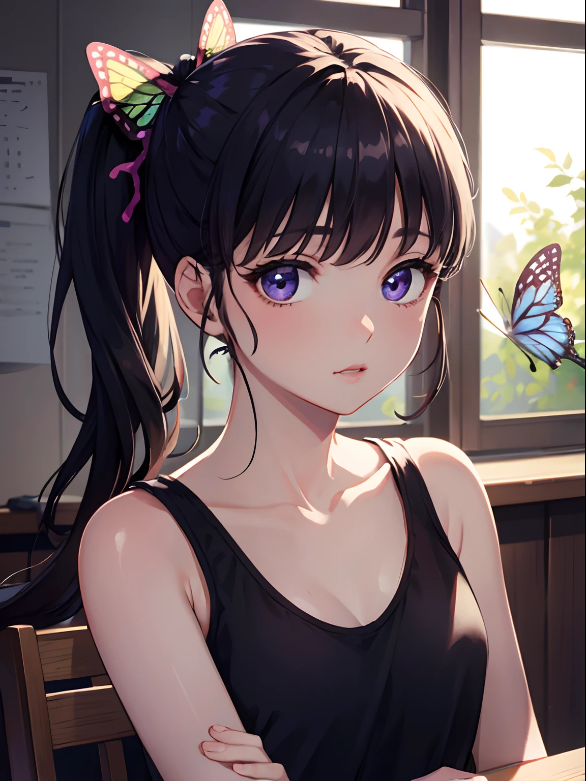 kanaotsuyuri, kanao tsuyuri, black hair, butterfly, butterfly hair ornament, (purple eyes:1.1), side ponytail, ponytail, tank top, BREAK looking at viewer, BREAK indoors, classroom, BREAK (masterpiece:1.2), best quality, high resolution, unity 8k wallpaper, (illustration:0.8), (beautiful detailed eyes:1.6), extremely detailed face, perfect lighting, extremely detailed CG, (perfect hands, perfect anatomy),