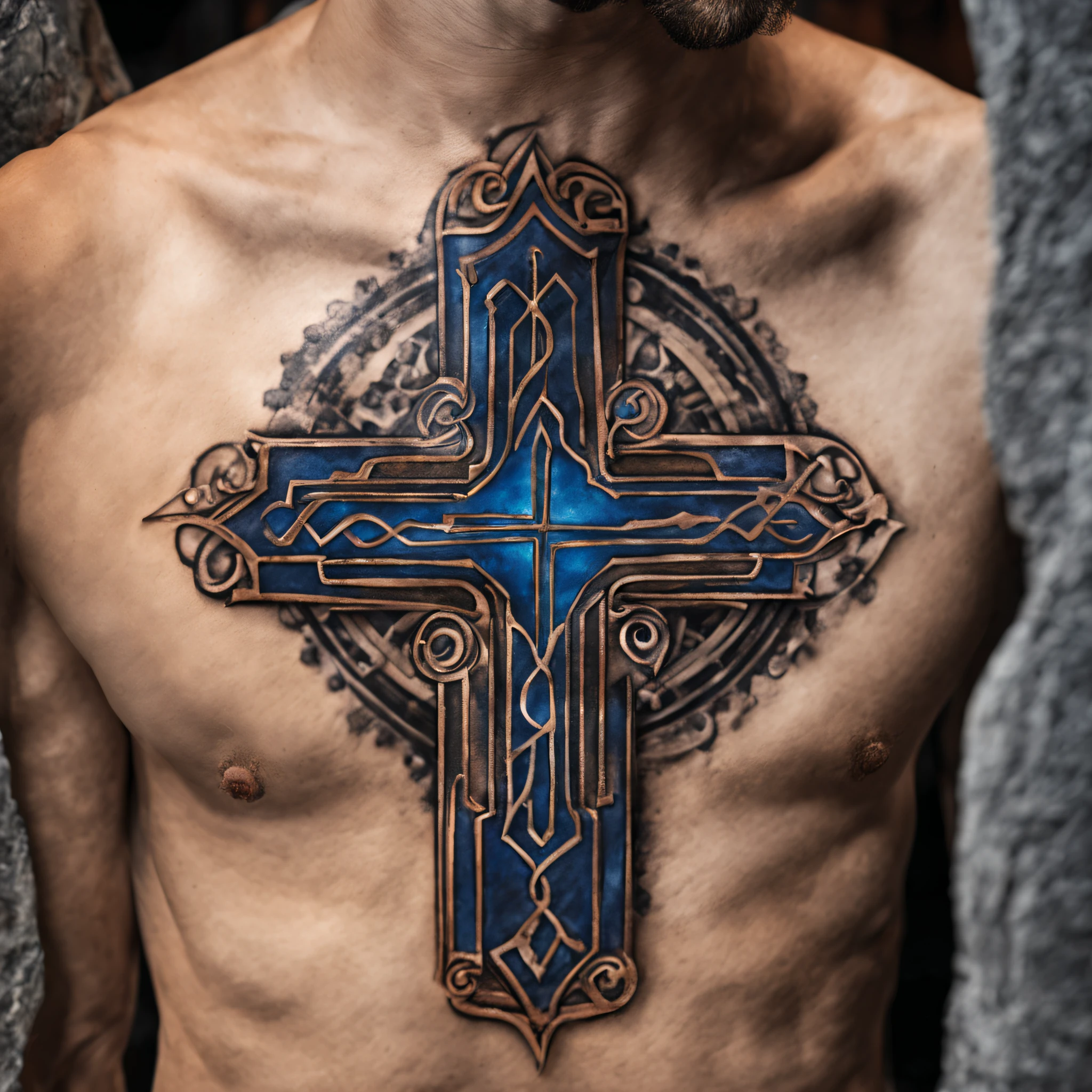 A close up of a man with a cross tattoo on his chest - SeaArt AI