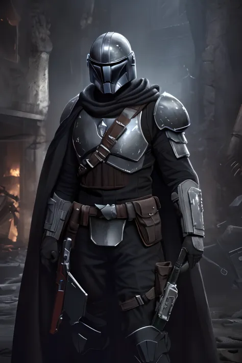 A Mandalorian Jedi With All Black Armor Holding An Orange Lightsaber Standing With A City In Flames., Printmaking Art," Printmaking extremely detailed CG unity 8k wallpaper), (masterpiece), (best quality:1.2), (highres), (illustration:1.1), (cinematic ligh...