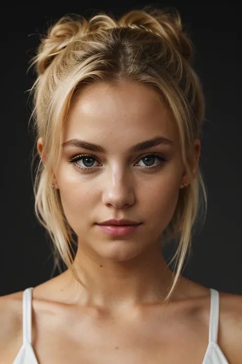 Eye contact of a blonde with bun hair and a dark theme