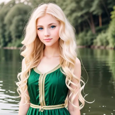 Blonde very long hair
Small dense curly
blue eyes
Small lips
Love fishing
Green long dress
Very realistic
Pale skin