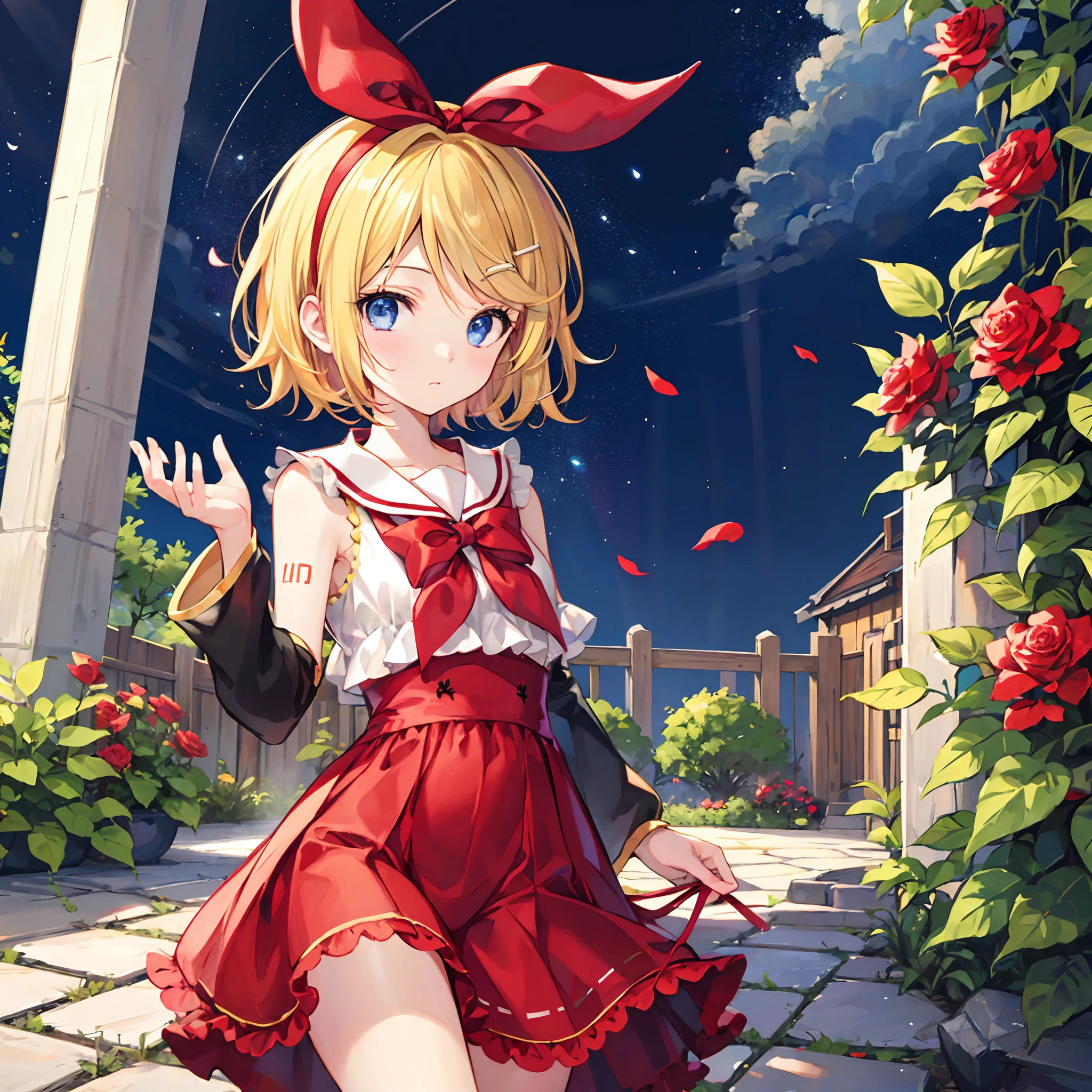 Kagamine Rin , par blonde 、Les cheveux sont tirés en arrière、des yeux rouges、Belle fille seule、kimono、une minijupe、Jardin de roses rouge vif、assis sur