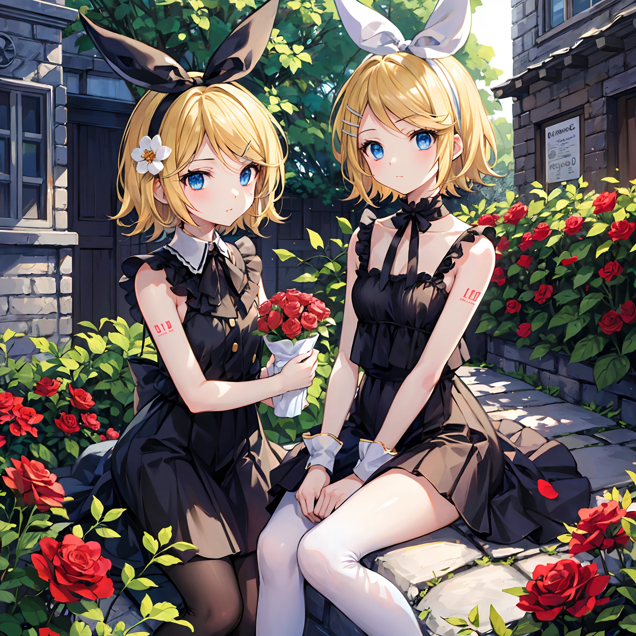 kagamine rin , 金髪で 、髪を後ろに引っ張る、赤い目、美しい女の子が一人で、着物、ミニスカート、真っ赤なバラの庭、上に座って