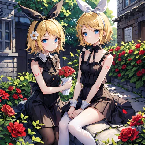 Kagamine Rin , por rubio 、Hair is pulled back、ojos rojos、Hermosa chica sola、quimono、una minifalda、Garden of bright red roses、sen...