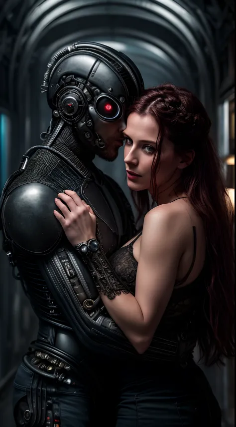 Extremely high-resolution masterpiece of a creepy portrait of 2 gorgeous cyborgs with anatomical, mechanical and human component...