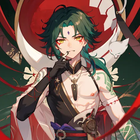 1boy,dark green hair,best quality,masterpiece,extremley,yellow eyes,male focus,beautiful eyes,Xiao (genshin impact), 1 boy, bones necklace, animal fangs necklace, arm tatoo, dark red hair, Chinese clothes, green eyes, male focus, red mark on forehead, no s...