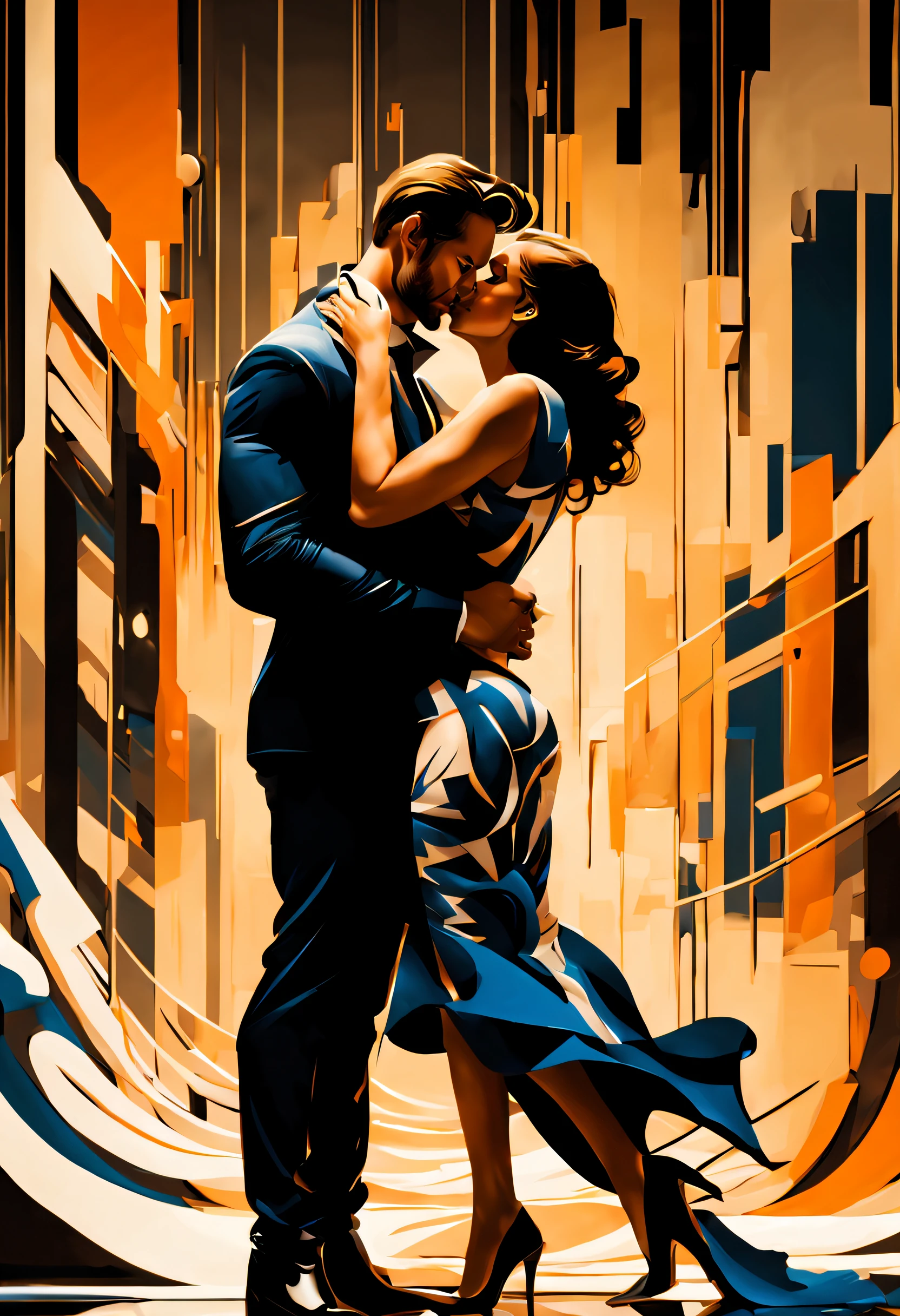 A snowy, whimsical fantasy scene with an super hero in sexy hero suit. The image is primarily composed of white, black, and royal blue colors. The artwork is created with abstract shapes and lines, resembling brush strokes. It has a poster art feel to it. The main focus of the scene is a couple engaged in a passionate kiss. The lighting and shadows play a crucial role in enhancing the mood of the artwork. The style of the image is influenced by the works of Malcolm Liepke, known for his dynamic and expressive paintings. seductive studio setting with a focus on sensuality and romance. Utilize soft, warm lighting that bathes the space in a gentle, inviting glow. Incorporate luxurious fabrics, plush furnishings, and a touch of decadence to evoke an opulent ambiance. The scene should exude an air of serenity and anticipation, inviting the viewer into a sensual and romantic space. The key is to emphasize elegance, beauty, and the allure of the studio environment while maintaining a tasteful and artistic approach.