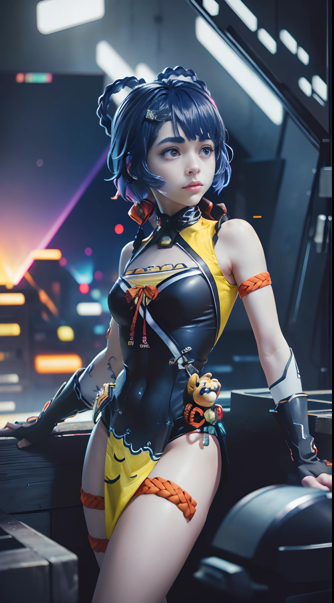 (masterpiece, best quality, high res, absurdres, ultra-detailed:1.3), 1 girl, (tron, cybers pace, techno, cyberpunk, (((blue hair))), yellow and blue neon light rays, synthwave, iridescent, holographic, hdr: 1.6), (prpdef1, cowboy shot:1.3), perfect hands, perfect eyes, perfect body, intricate details