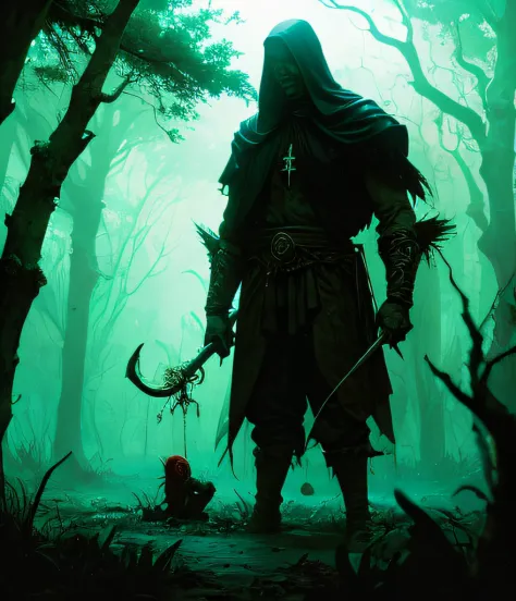 Esqueleto largo de horror negro oscuro, huesos grandes y altos sosteniendo una gran espada larga con sangre goteando, en un bosq...