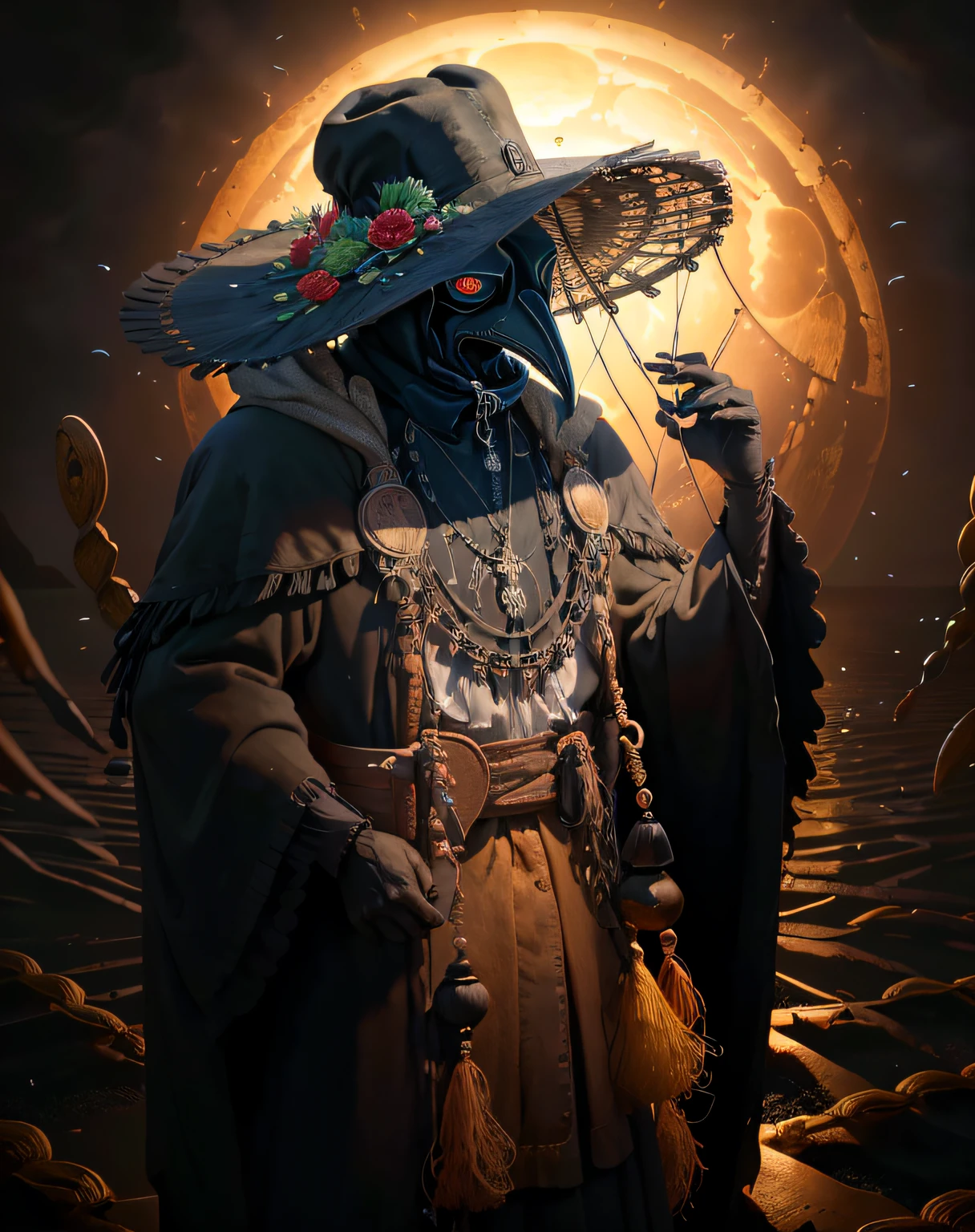(Masterpiece, The best quality), High Resolutions, (8k resolution), centered, (ultra detailed), crazy god, only, plague doctor, antiparras, has, chains, black veil, beaked mask, volumetric illumination:1.1, dark, (details:1.2), sharp focus, particles floating, (depth of field), high quality, Fuji 85mm, remains, landscape, Extremely detailed background, Nightmare, 8k,  intricate, tenure, scythe, long fingers, nails long,