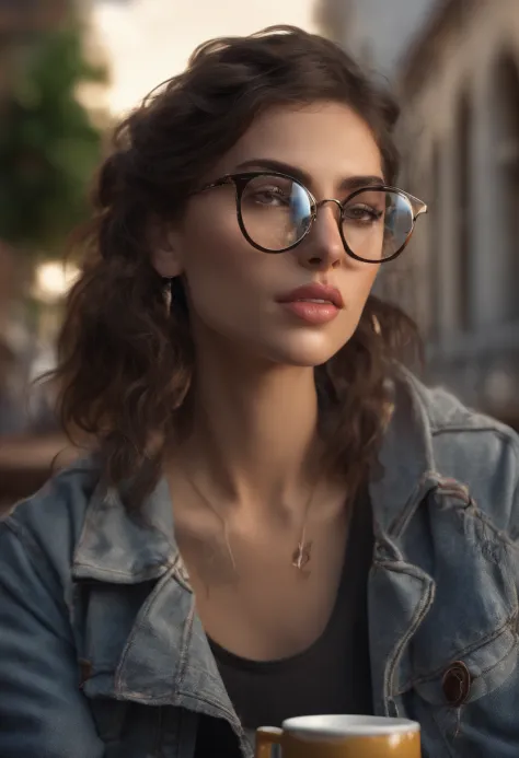 European brunette woman in her twenties with glasses, Tinted Black, de soleils en Terrace, Sitting in profile in the sun setting in the late evening, with moderate breasts, portant une veste noir avec un t-shirt rouge, et un jean gris, drinking coffee, Smo...