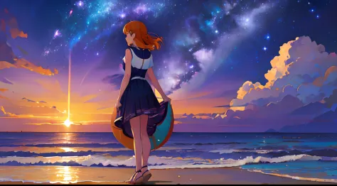 sky , (night:1.5), (galaxy:1.2), anime girl on the left,orange hair, purple eyes,(beach:1.5)