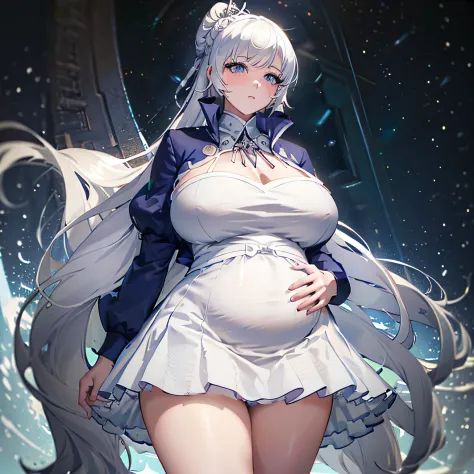 masterpiece, highres, screen shot, best quality, 1girl, (scar on left eye), white cropped jacket, highly detailed, rule of thirds, jewelry, long hair, bangs, hair between eyes,(thicc:0.5), (WeightImmobile:1.3), (obese:1.2) (round face:1.3), huge belly, wid...