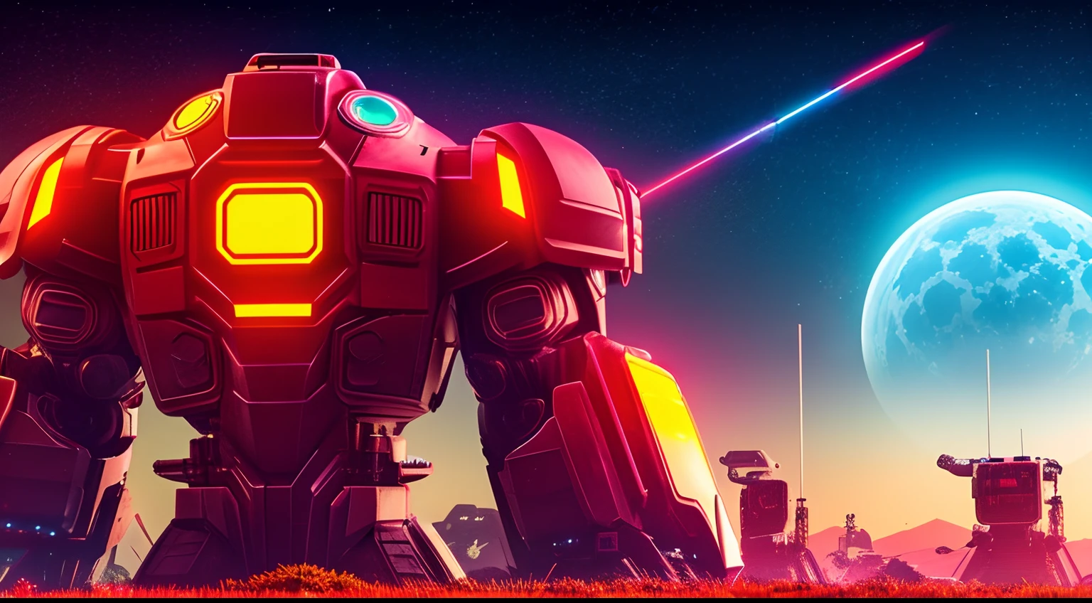 Back view of a giant cyber robot across the lunar ground; 3D; retro cyberpunk; vibrant neon red color splash; dynamic color-field; cyclorama effect; ultra realistic.