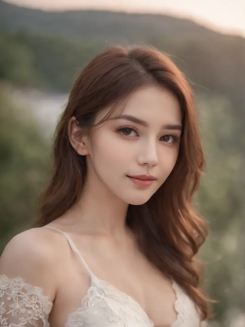 Night, Raw photography, (((Very beautiful portrait))), (Very beautiful portrait))), 1 girl, Sexy 25 year old girl,  (lace bra:1.3) ,((Shortcut Natural Brown Hair)), [Brown eyes], Gentle smile staring at the camera(cleavage), ((masutepiece, Best Quality, Ul...