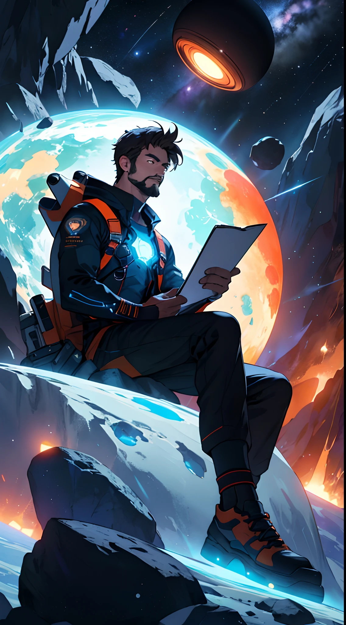 Draw a young programmer, sitting on a research platform floating in the middle of an asteroid belt. He is studying with a notebook, surrounded by several asteroids glowing with fiery auras. Dramatic lighting from distant stars and planets illuminates the scene, casting deep shadows on the suit. The young man looks confident and determined, looking at the vast and mysterious universe with wonder and respect,facial hair, cowboy shot,