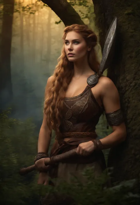 (viking girl in the forest),(20 years old),(detailed axe in hand),(ultra-detailed,high-resolution image,1.2 masterpiece),(realistic:1.37),(dark, moody)(vibrant colors),(mysterious lighting),(scandinavian landscape),(beautiful detailed eyes),(long braided h...