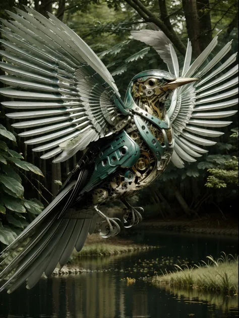 ((masterpiece)), ((best quality)), 8k, high detailed, ultra-detailed, A mechanical bird, harmoniously integrated into the beauty of nature, capturing the balance between technology and the environment, mechanical bird, ((nature)), ((harmonious integration)), ((technology and environment balance)), gear mechanisms, perched on tree branch, fluttering leaves, sun rays through canopy, reflection in a pond, fantasy00d.