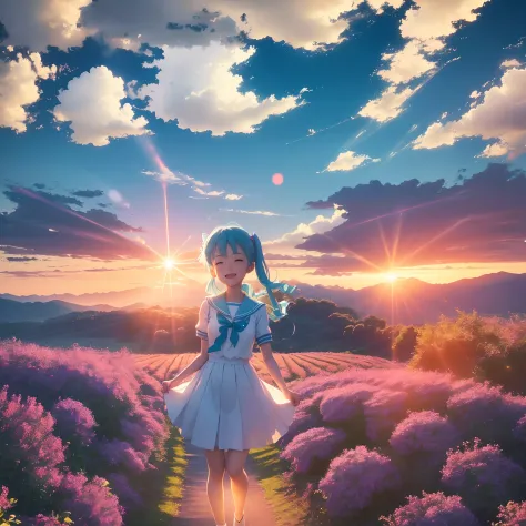 ​masterpiece、top-quality、movie stills、1girl、cloud girl、miku hatsune、a sailor suit、floating in sky、a closeup、with light glowing、h...