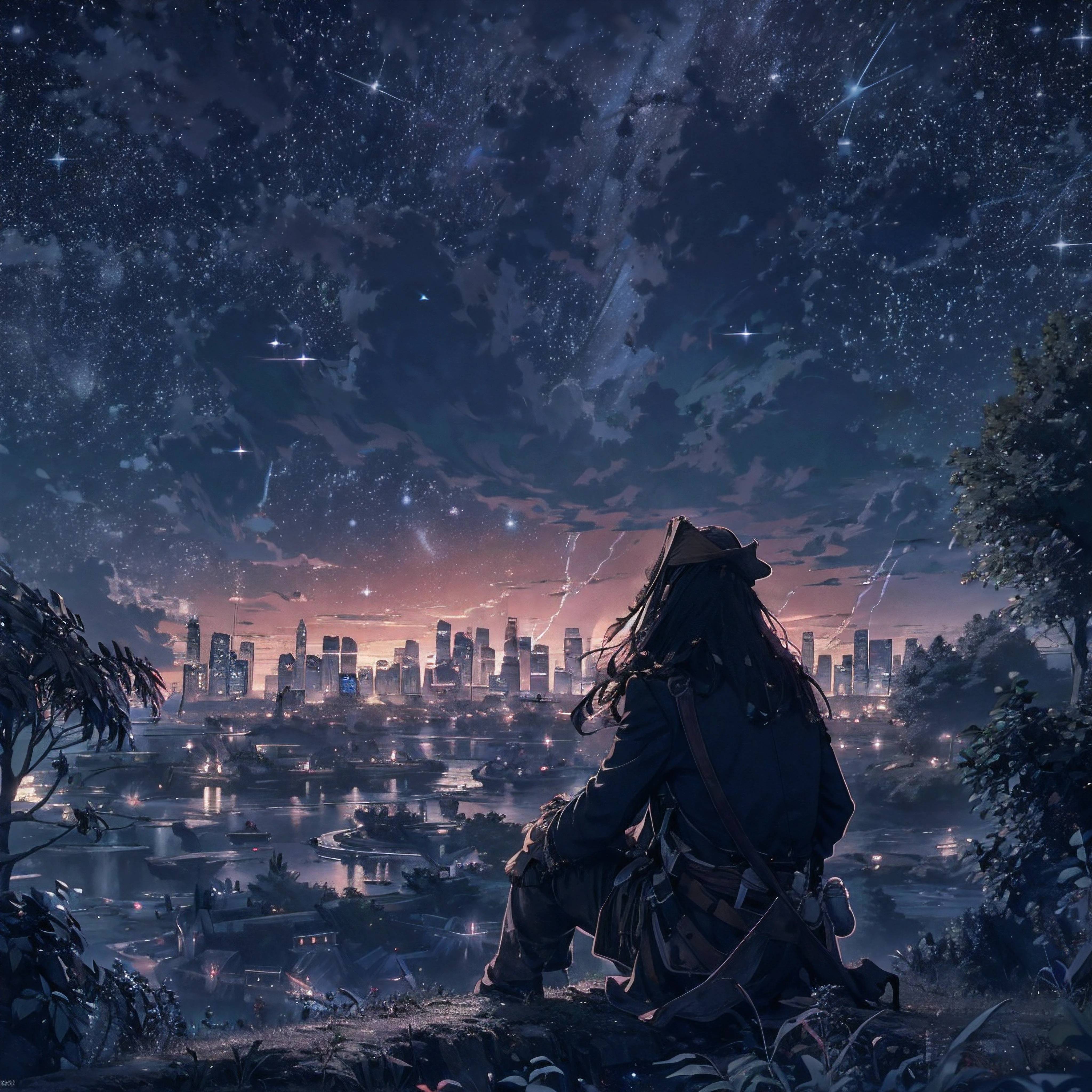 octans, sky, star (sky), scenery, starry sky, night, Capitan Jack Sparrow, night sky, solo, outdoors, building, cloud, milky way, sitting, tree, long hair, city, silhouette, cityscape