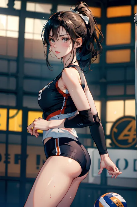 (Best Quality,8K,hight resolution,masuter piece:1.2),Ultra-detailed,Realistic:1.37,Portrait,Dynamic Angle,(Female volleyball players) ,Teenage girl,small head,Cute,Sporty,Charming face,Detailed beauty face,Very realistic skin,Wet skin,Sweat,Large breasts,n...