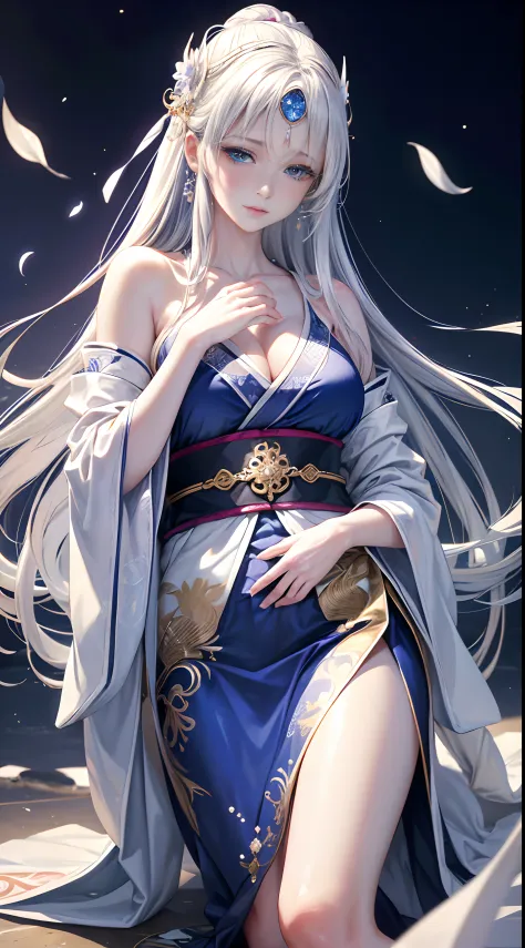 (best quality,4k,8k,highres,masterpiece:1.2),ultra-detailed,(realistic,photorealistic,photo-realistic:1.37),beautiful woman,long white hair,sapphire blue eyes,crescent moon symbol on forehead,white and blue Japanese empress outfit,serene expression,gracefu...