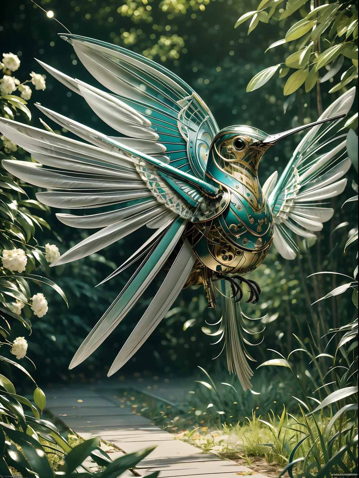 A delicate, bio-mechanical hummingbird with intricately designed, intertwining metal and feather components, sipping nectar from a vibrant flower speaker in a lush garden. mechanical bird, mindwarp, elemental, atmospheric, luminescent particles in the air, [mischief], [magic], [iridescence], meticulous, intricate, intimate, nuanced, film grain, vibrant, ray-traced caustics, subsurface scattering, soft lighting, masterpiece, masterwork, top quality, best quality, highest quality, highest fidelity, highest resolution, highres, highest detail, highly detailed, hyper-detailed, detail enhancement, deeply detailed, awe inspiring, breathtaking, super-resolution, megapixel, UHD, HDR, FHD, 8k, 16k, 32k, k, high dynamic range, insanely detailed, beautifully color graded, post processing, post production, dynamic tone mapping, volumetric, ultra-detailed, super detailed.