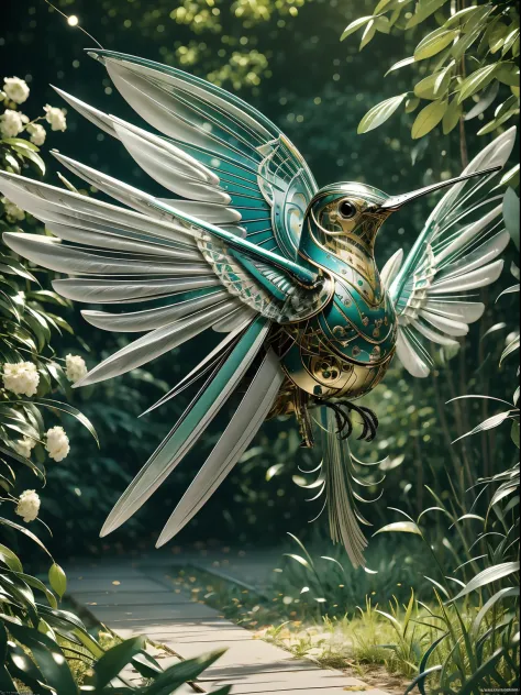 A delicate, bio-mechanical hummingbird with intricately designed, intertwining metal and feather components, sipping nectar from...