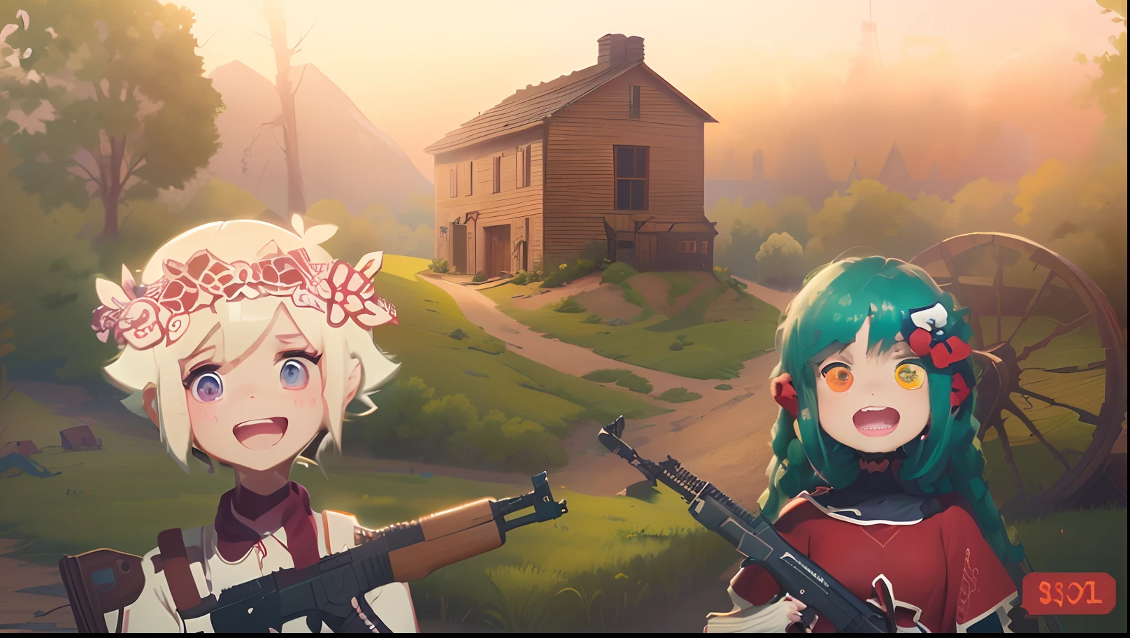 Anime girls with guns and a house in the background - SeaArt AI