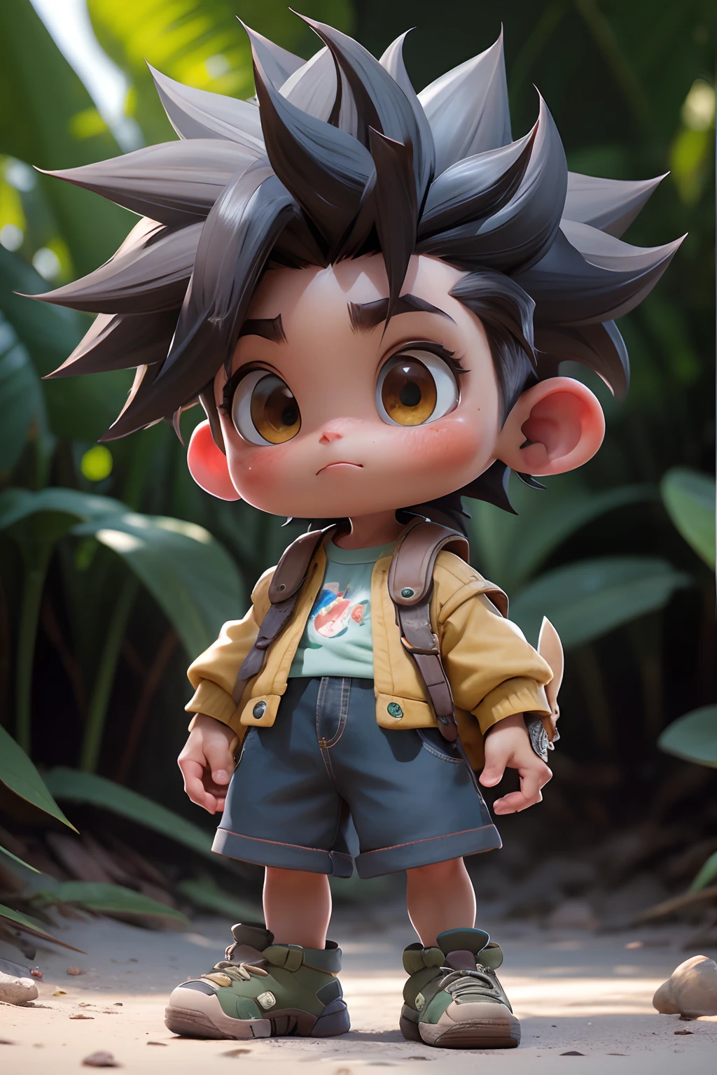 masterpiece, The best quality, 8k, cinematiclight, ultra-high-resolution, chibi, 1child, Shorts, black hair, headphones, if, spiked hair, green jacket, Footwear, brown eyes, (Whole body:1.2), parts, Standing,