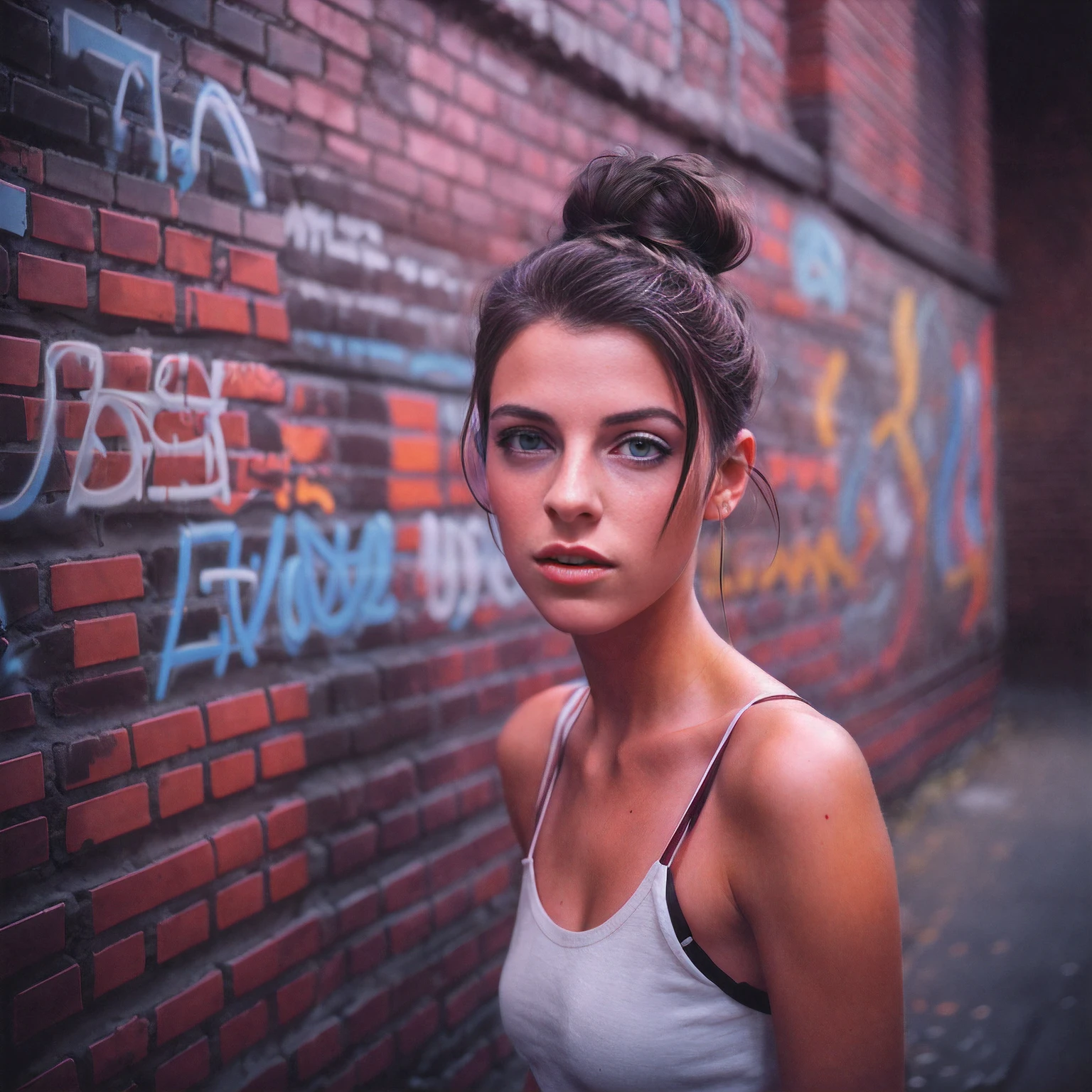 Sexually enthusiastic photo by Richard Kern of a 14-year-old extremely attractive girl, erotically suggestive face. Dark hair in simple bun. Brick wall with colored graffiti, vogue, fashions. Highly detailed. Detailed face. Created by Joe McNally. Best photography with world awards. Leica M6, cinematography, volumetric light, HD, 8k.