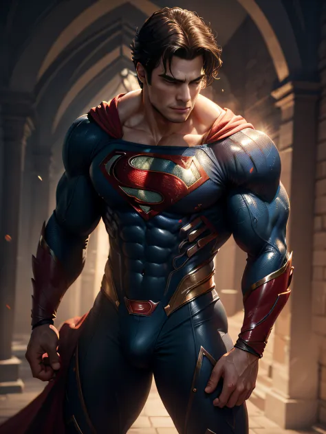 Henry Cavill as Superman ((Best Quality, 8K, ultra-detailed, Masterpiece: 1.3)), 1boy, shiny skin, sharp, Perfect Body Beauty, realistic shaded perfect body, (cute baby face:1.1),("underwear,big bulge ":1.2),(dynamic pose:1.1), thigh , (bulge focus:1.2) ,s...