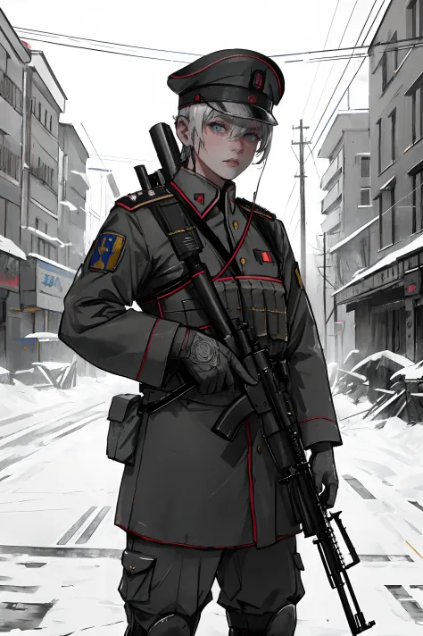( 独奏 ) (( Ukrainian soldier in uniform and rifle )), Broken background, realisti, stylish, rutkowskyi, hdr, intricate detials, h...